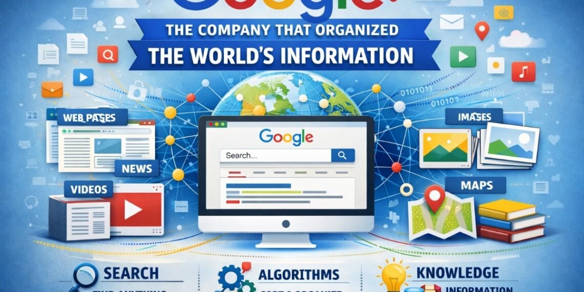 Google company history showing founders Larry Page and Sergey Brin, Google search, Android, YouTube, and Alphabet evolution