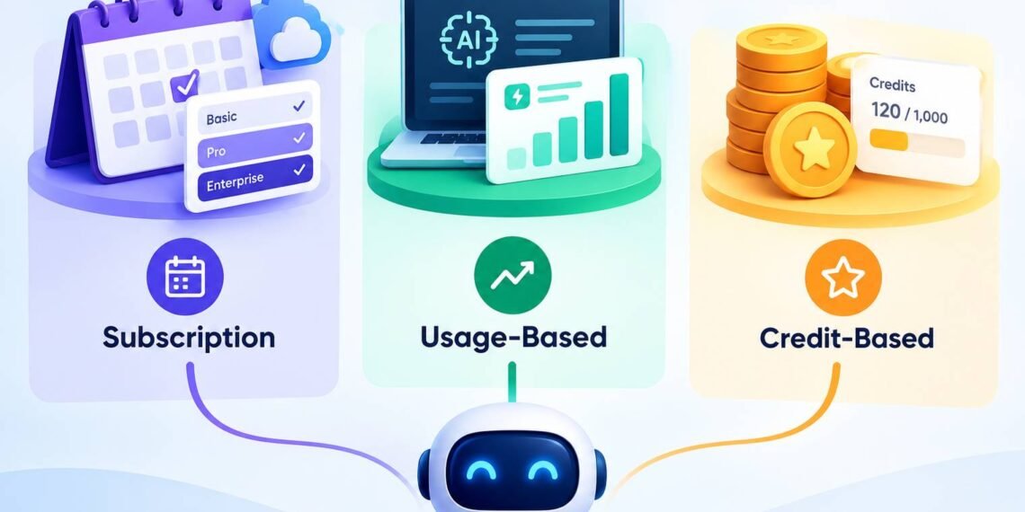 AI tool pricing models comparing subscription, usage-based, and credit-based pricing