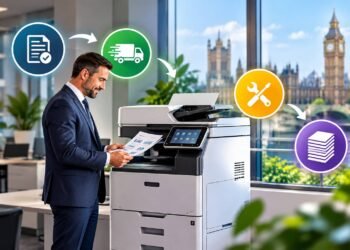 Multifunction office printer in a UK business office, supplied under a rental agreement
