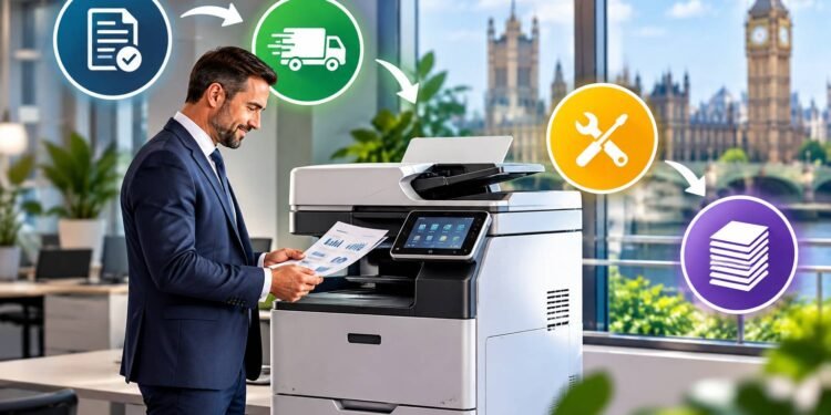 Multifunction office printer in a UK business office, supplied under a rental agreement