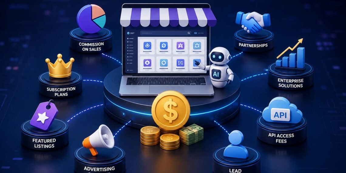 Diagram showing how AI tool marketplaces make money through commission, subscriptions, listings and enterprise partnerships