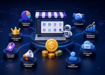 Diagram showing how AI tool marketplaces make money through commission, subscriptions, listings and enterprise partnerships