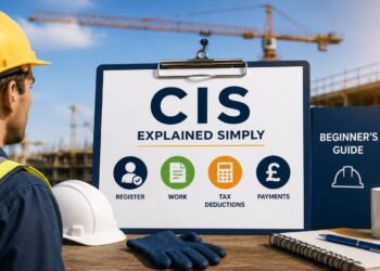 New construction worker in high visibility clothing and hard hat reviewing a CIS payment statement on a UK building site