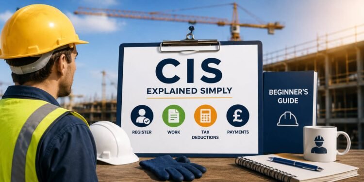 New construction worker in high visibility clothing and hard hat reviewing a CIS payment statement on a UK building site