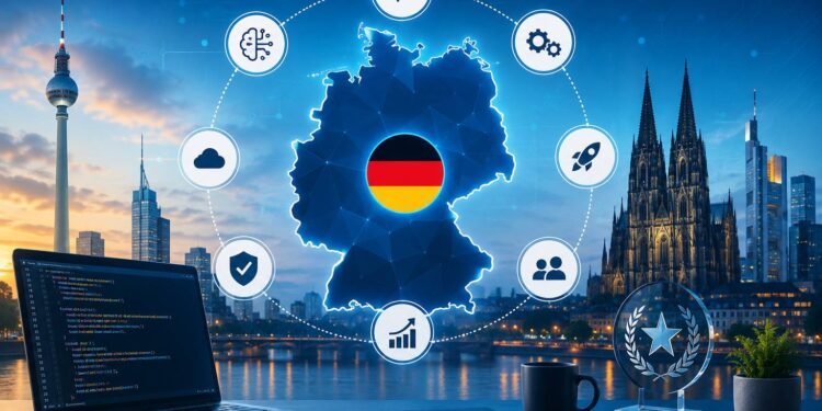 Business team reviewing custom software development options in Germany