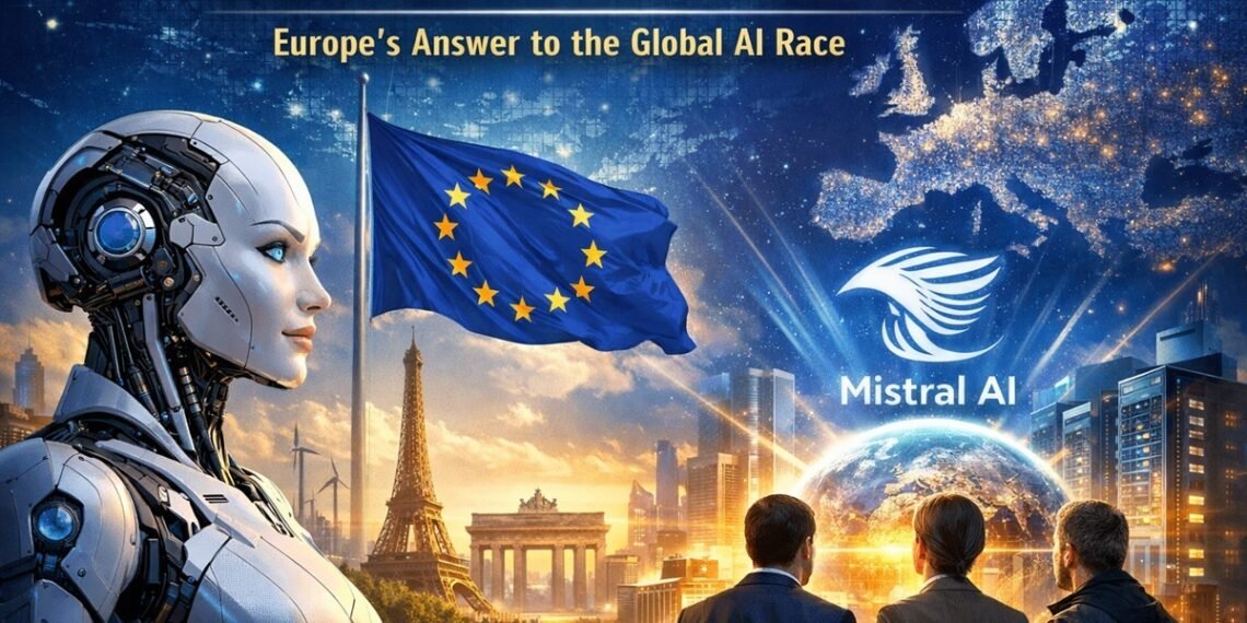 Illustration showing the rise of Mistral AI as Europe’s emerging competitor in the global artificial intelligence race dominated by companies like OpenAI and Google.