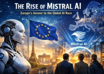 Illustration showing the rise of Mistral AI as Europe’s emerging competitor in the global artificial intelligence race dominated by companies like OpenAI and Google.